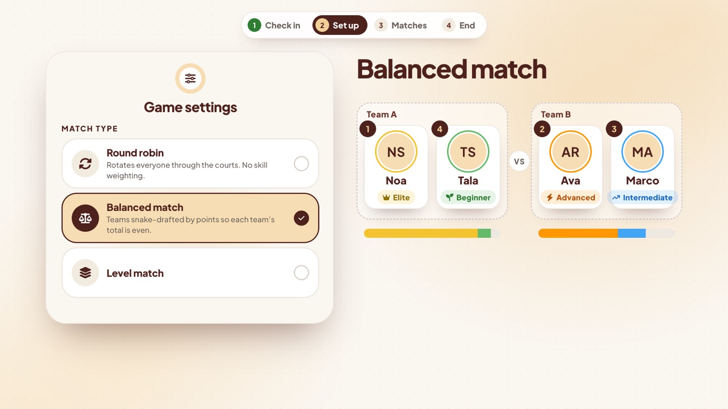 Game settings with Balanced match selected, beside two teams whose level bars come out even.