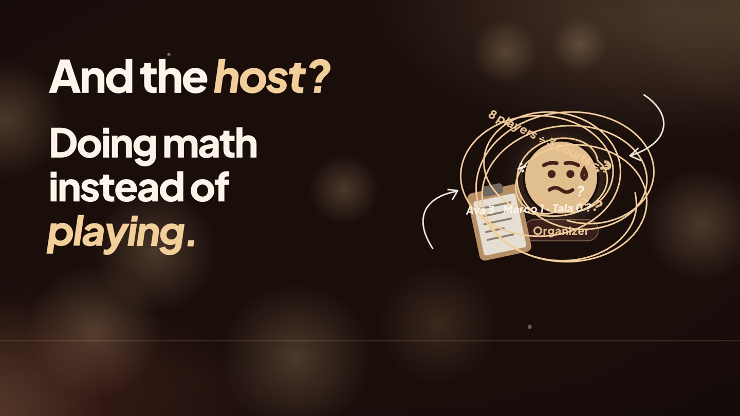 An organizer surrounded by scribbled arithmetic, with the words: And the host? Doing math instead of playing.