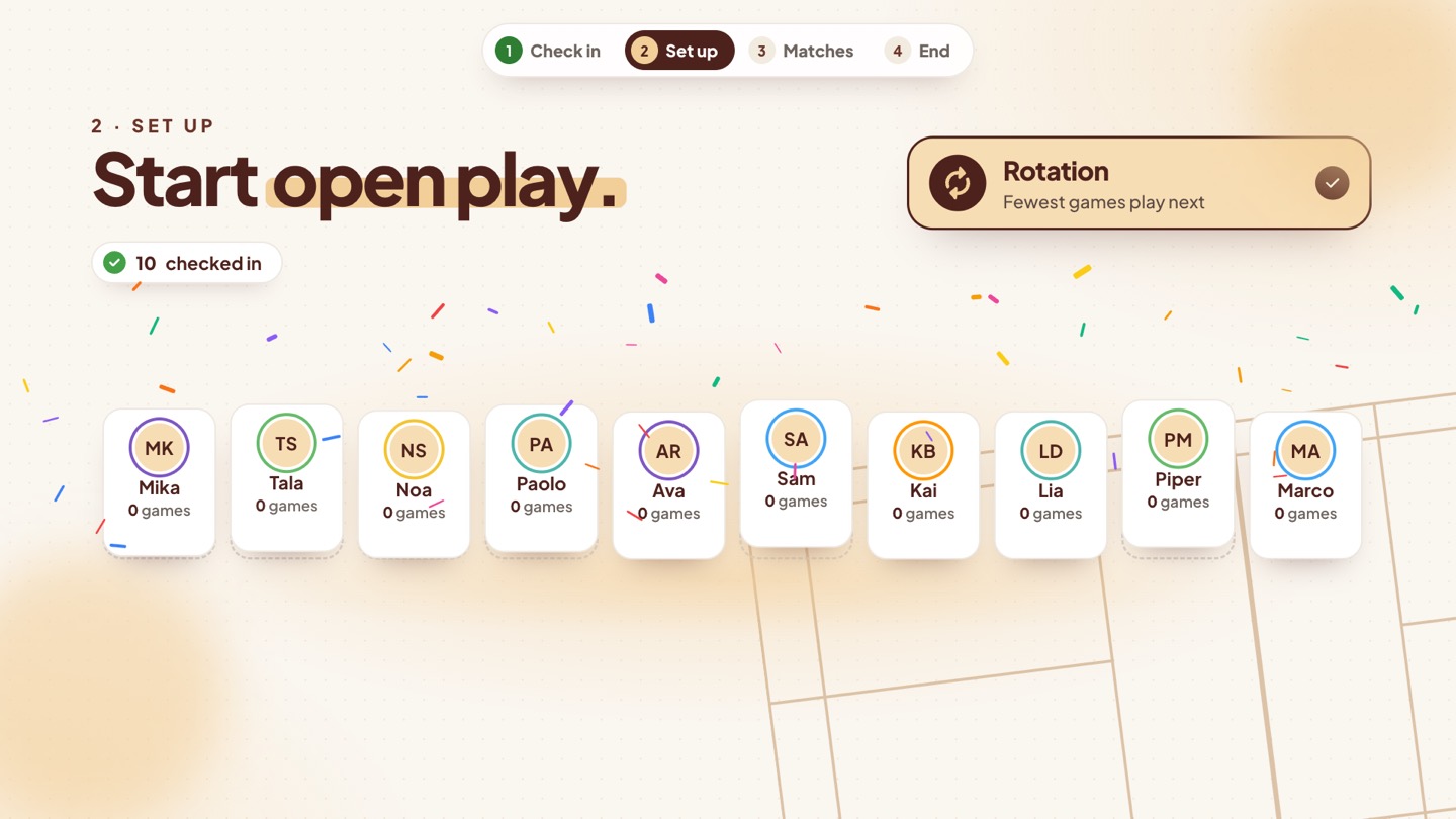 Start open play: ten checked-in players at zero games, with Rotation selected.