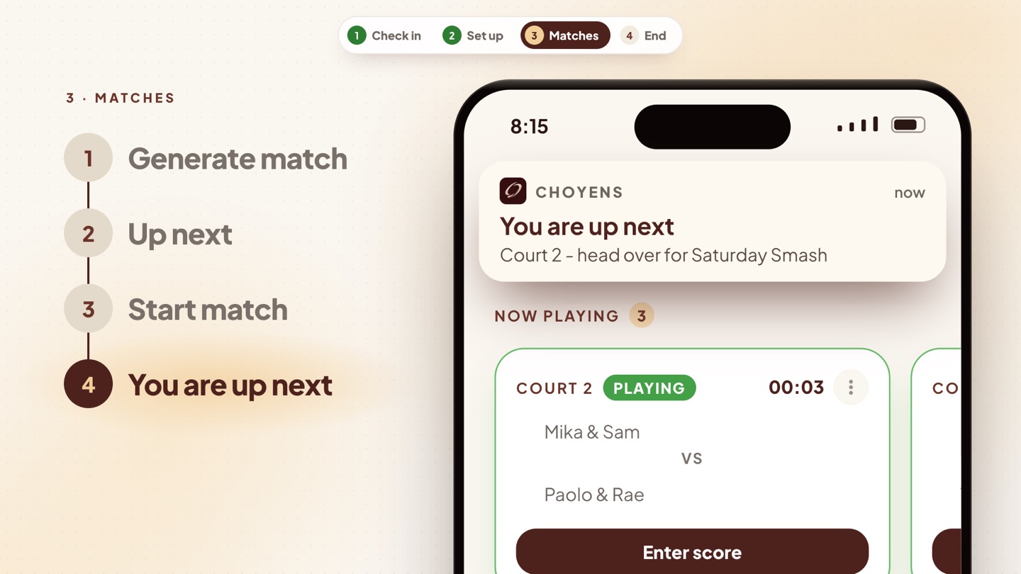 The four steps — Generate match, Up next, Start match, You are up next — beside a phone showing the Court 2 notification.