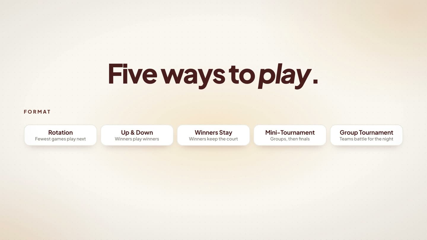 The Format field with five chips: Rotation, Up & Down, Winners Stay, Mini-Tournament and Group Tournament.
