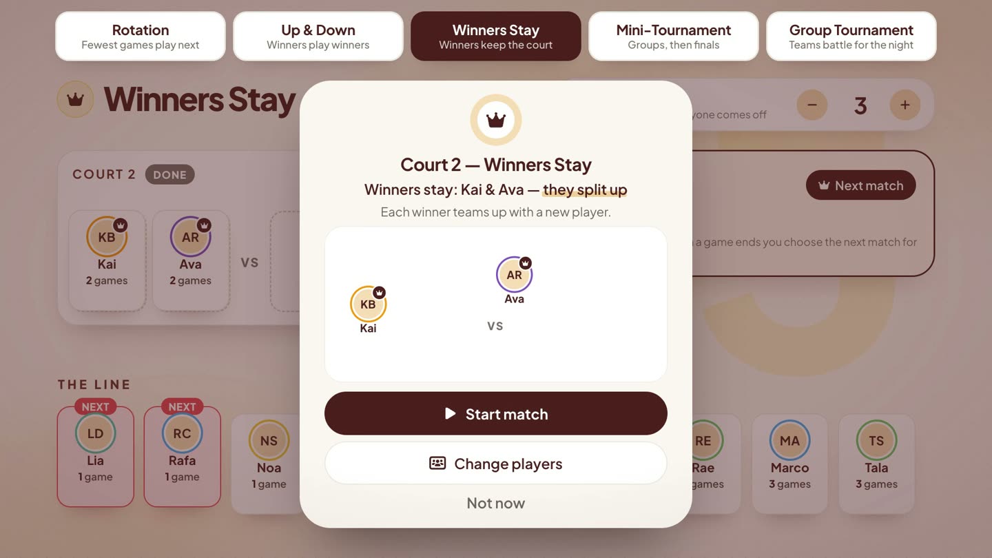 Winners Stay: the next-match sheet for Court 2 showing Kai and Ava splitting up to team with new players.