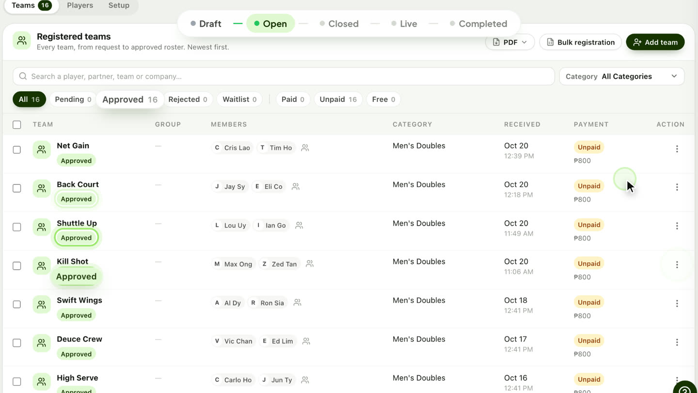 The Registrations tab with every team approved: Approved 16, Pending 0.
