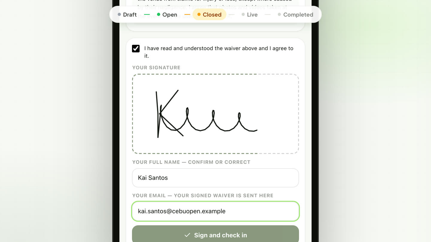 Player check-in: the waiver agreement and a signature drawn on the phone.