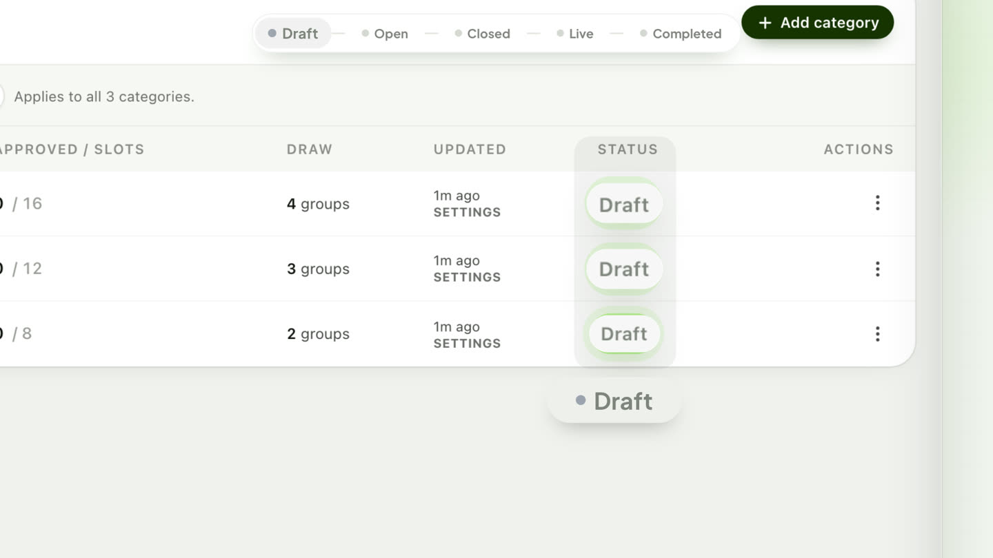 The Categories tab with three categories, each showing the Draft status.