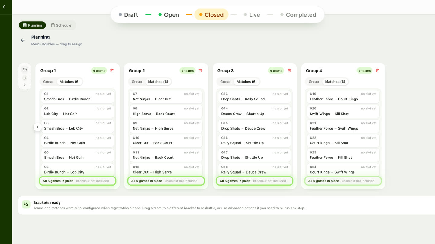 The Planning board: four groups of four teams, each with its six matches.