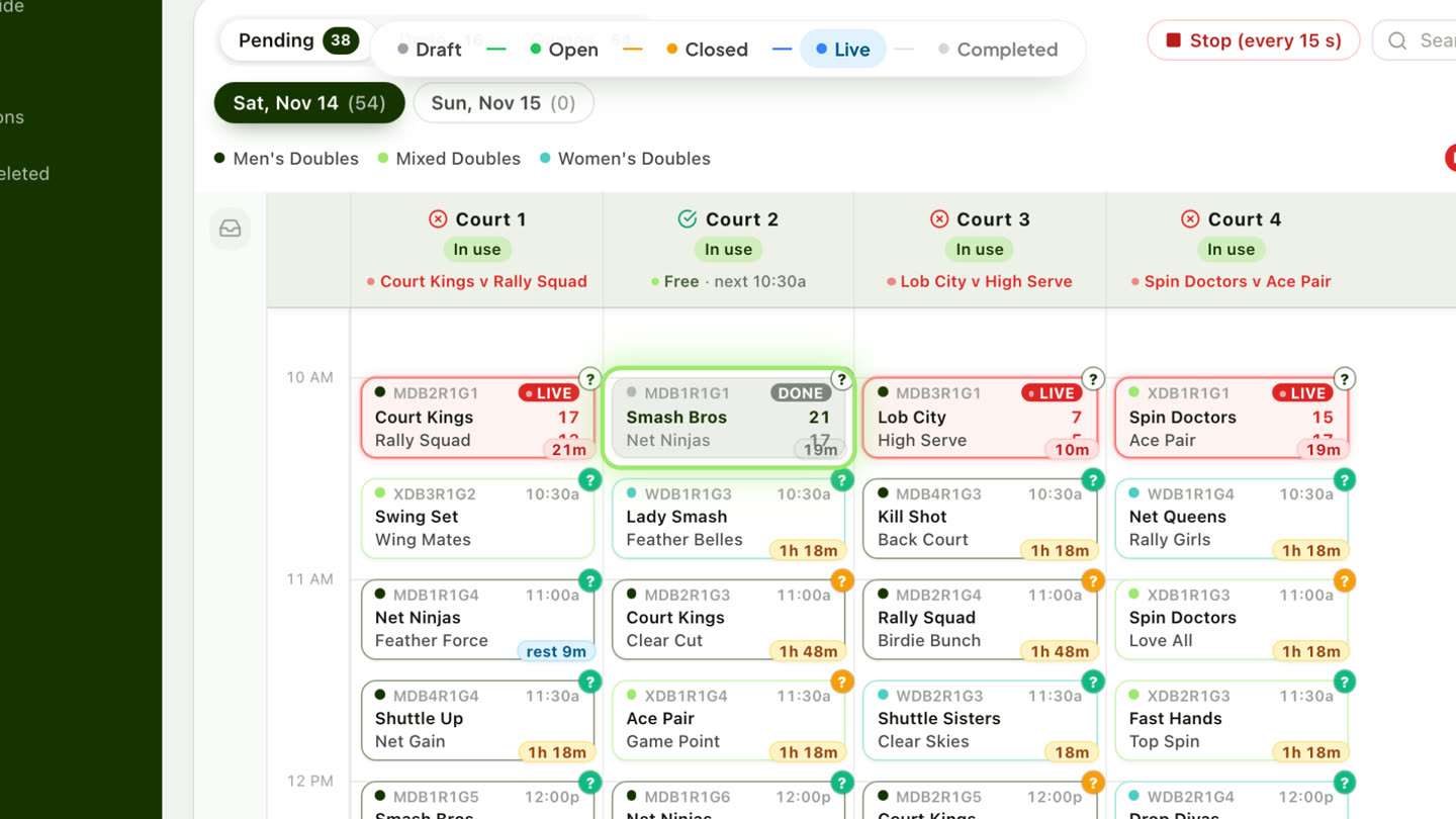 Manage Games with the Court 2 game marked DONE, 21–17.
