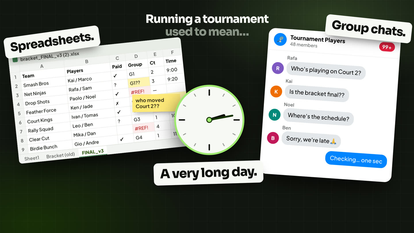 The old way: a messy spreadsheet with #REF! errors, a group chat full of questions, and a racing clock.