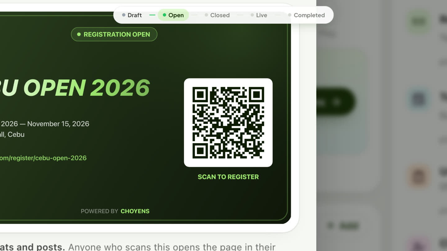 The Cebu Open 2026 registration card with the QR code and Scan to register.