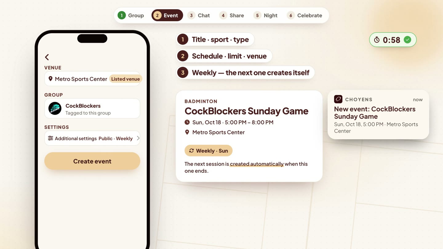 The Create an event form with a weekly CockBlockers Sunday Game at Metro Sports Center.