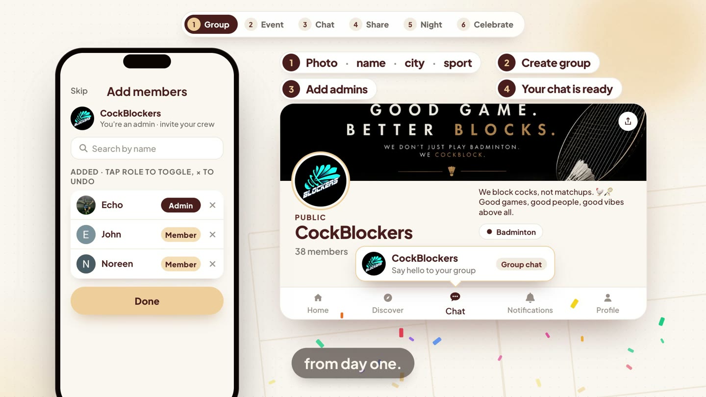 Creating the CockBlockers group: Add members with Echo as Admin, then the group page and its group chat.