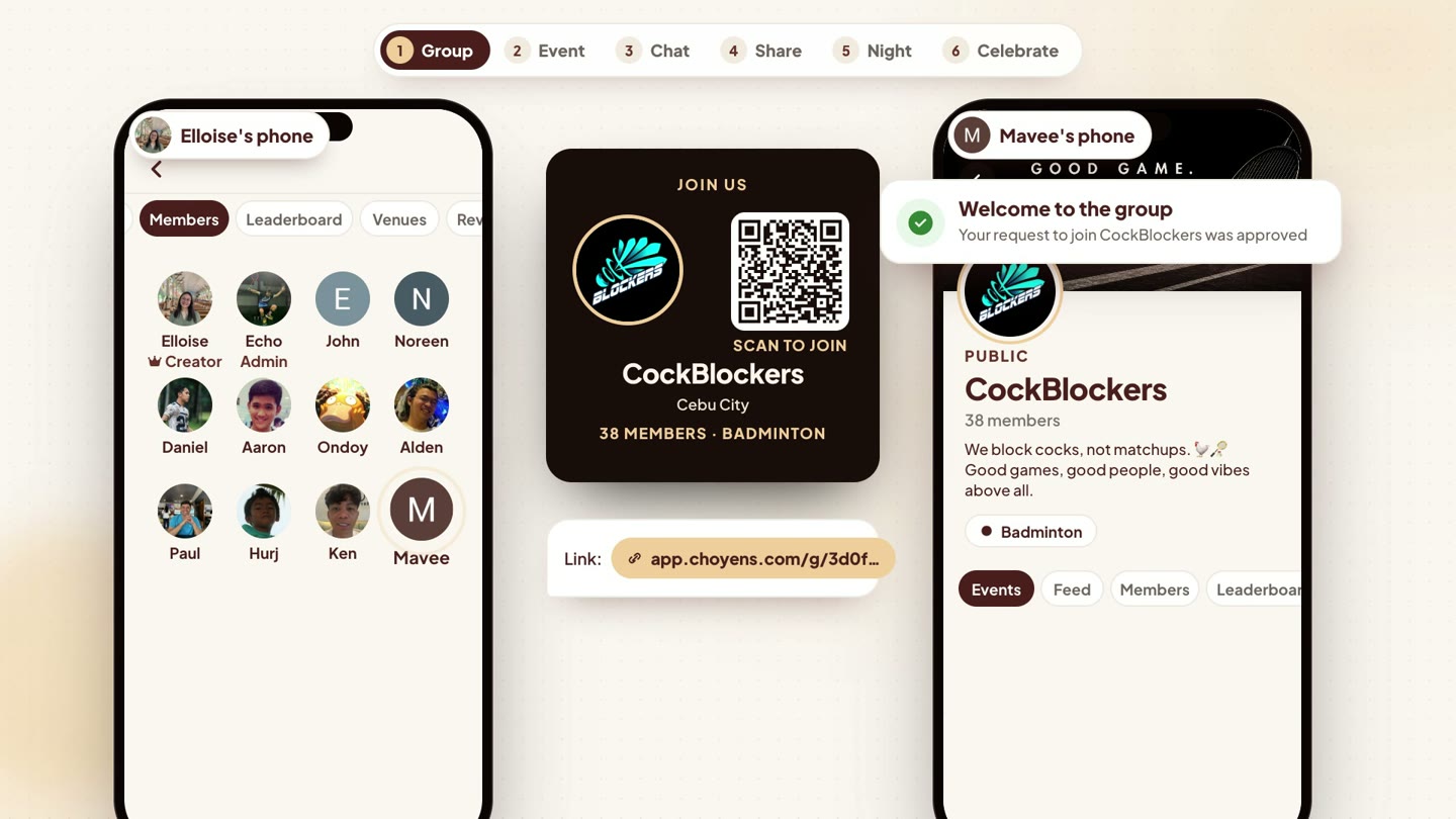 The CockBlockers invite card with its QR code, a new member's request, and the members grid after approval.