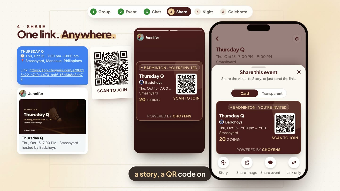 Thursday Q shared four ways: as a chat message, a social post with the link preview, a story card, and a QR code.